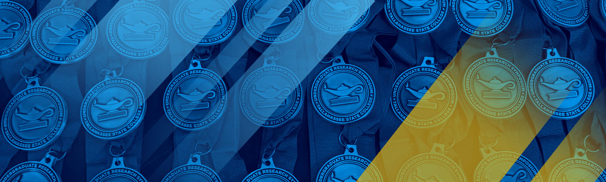 Undergraduate Research Symposium medallions shown under blue and gold faded stripes.