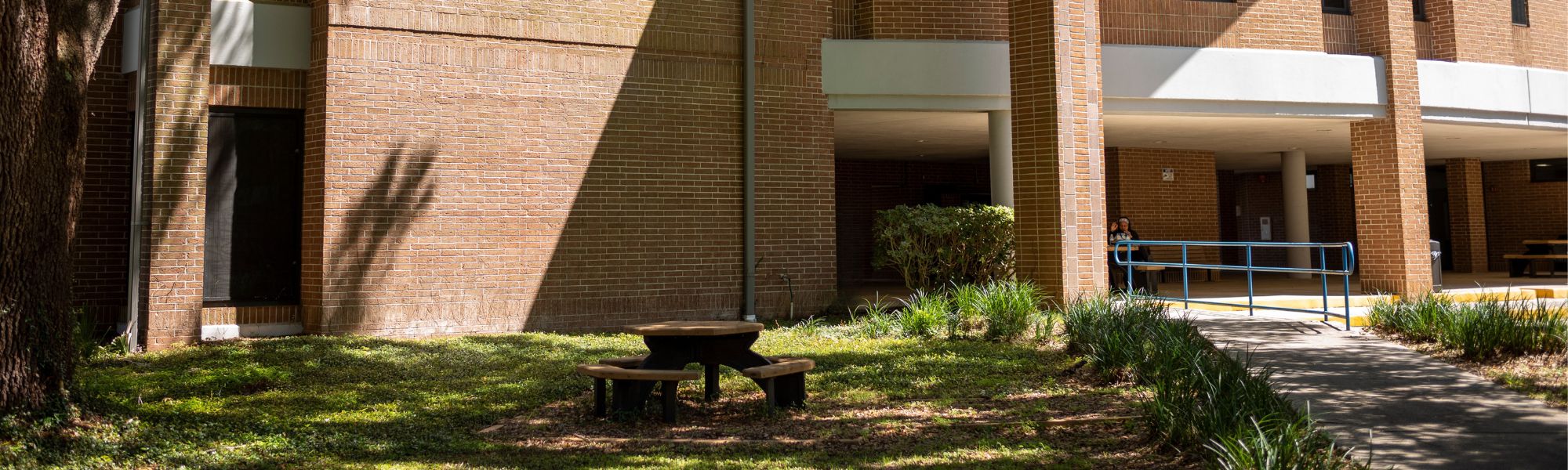 Exterior of the brick face of the Science and Math classroom building.